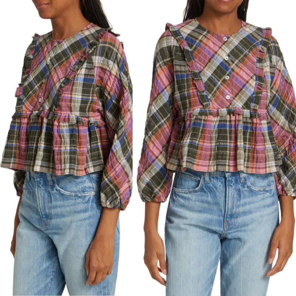 VERONICA BEARD Katalina Colorful Plaid Praire Lagenlook Ruffle Bib Blouse‎ - Picture 2 of 8